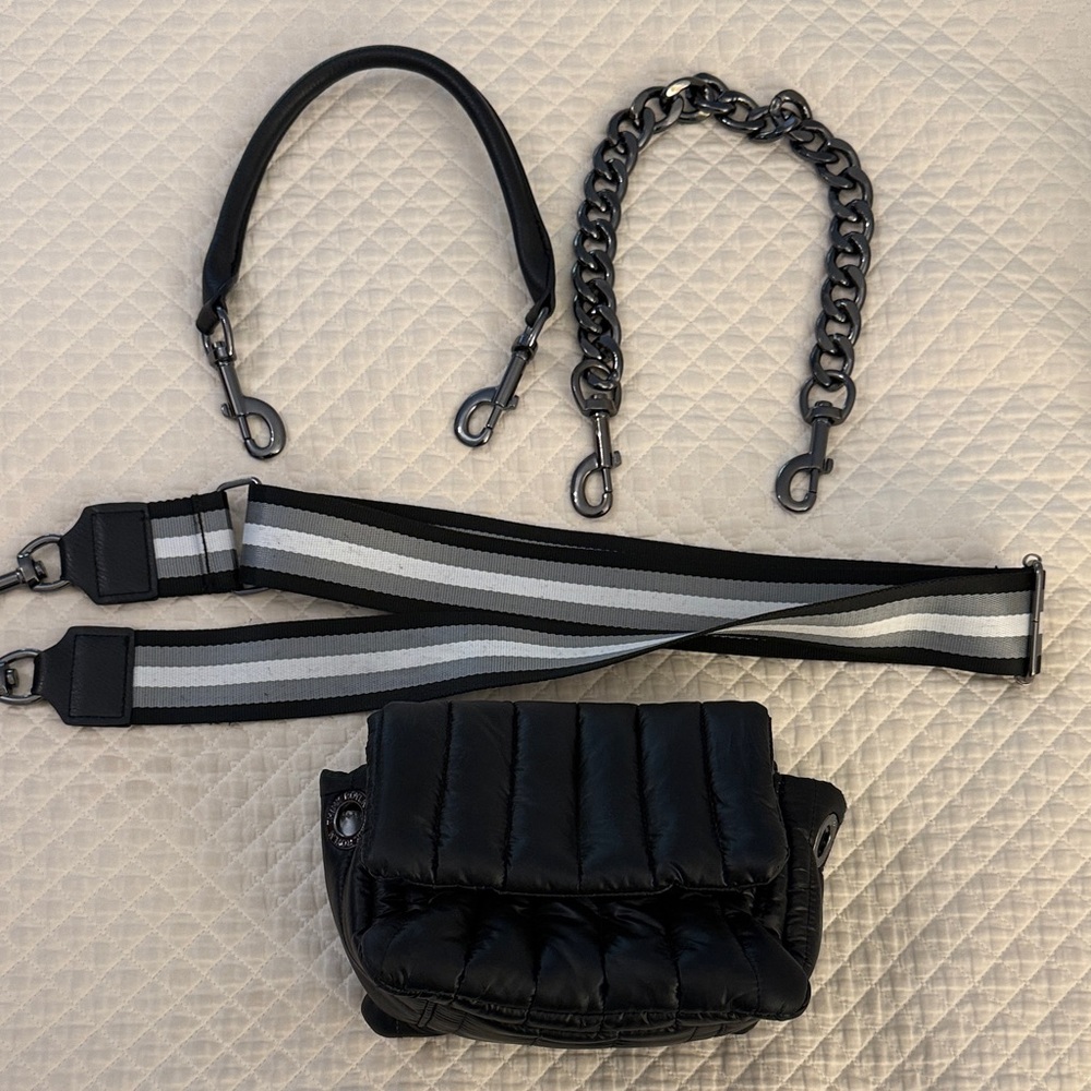 THINK ROYLN Black Crossbody Bag with Striped Strap